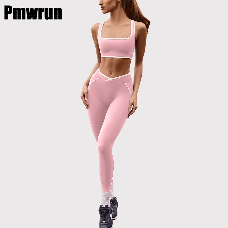 

PMWRUN 2 Piece Yoga Set For Women Contrast - Trim Bra & Shorts/Leggings, Multi - Style For Gym Yoga Pilates Dance Workout Wear