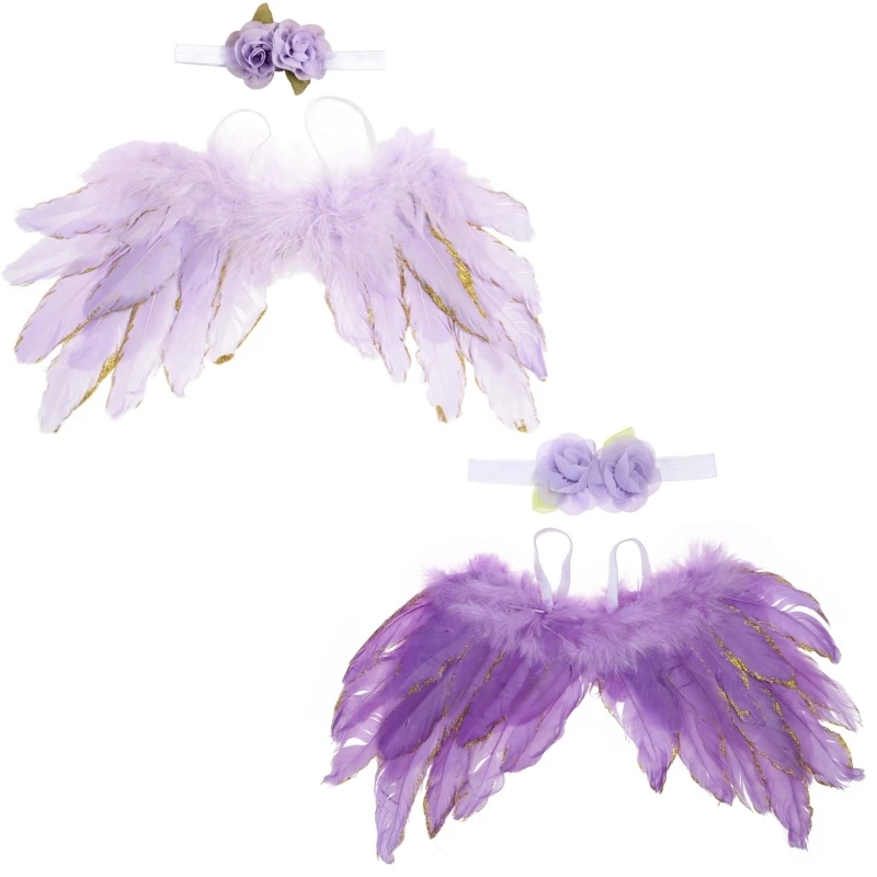 Atrezos para fotografía bebés, diadema con alas plumas y flores, regalo para ducha infantil