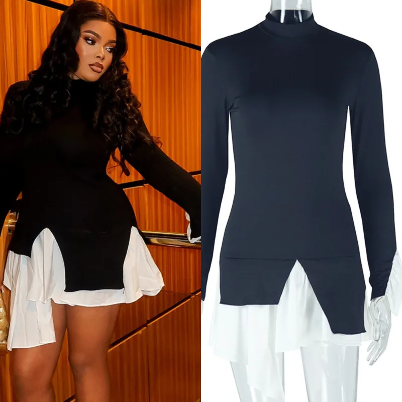 

Elegant Women's Black And White Patchwork Long Flare Sleeve Mini Dress Spring Fashion High Street Club Party Short Casual Dress