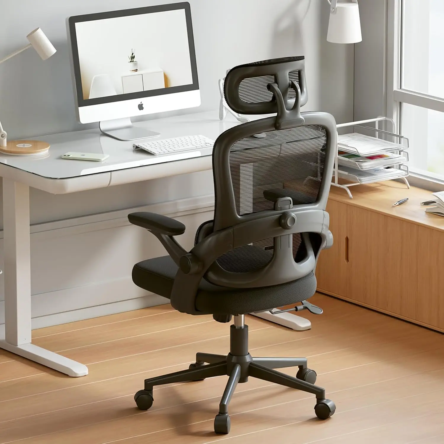 M102C Ergonômica Mesh Office Chair, cadeira de mesa com braços 3D, para cima e para baixo apoio lombar, giratória tarefa do computador