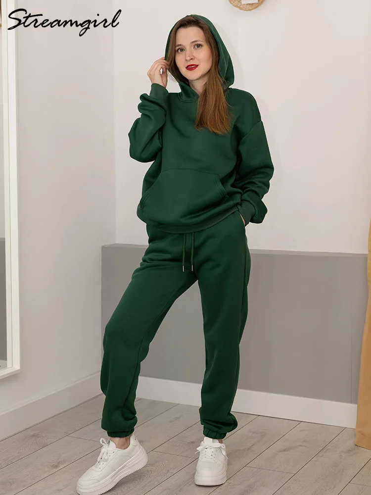 Winter Sweat Suit Set Women Fleece Hoodies Two Pieces Outfit Pants Sets Casual Loose Winter Warm Tracksuits For Women 2 Pieces