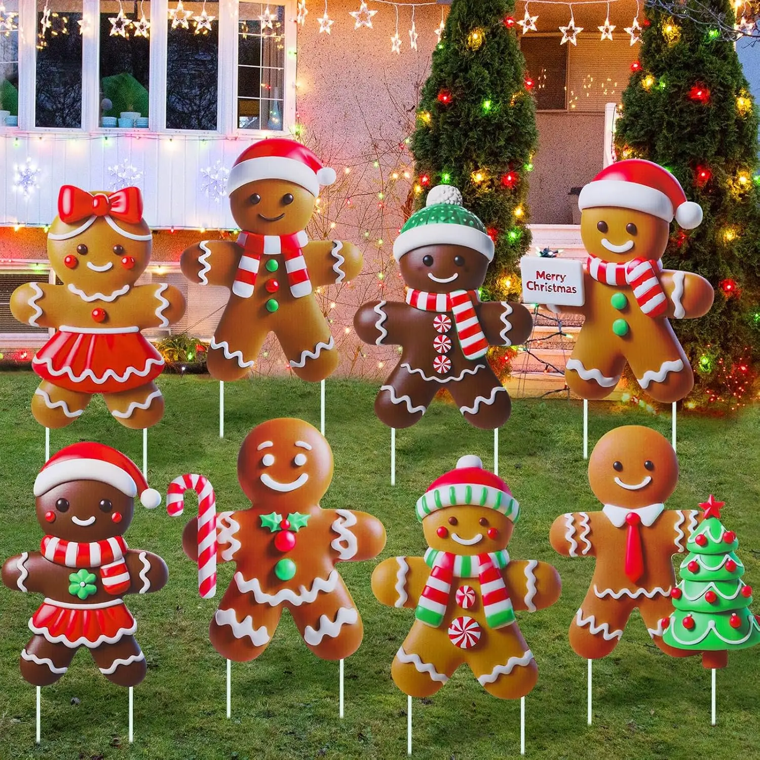 8 Pcs Christmas Gingerbread Man Yard Signs with Stakes Outdoor 3D Gingerbread House Decoration Xmas Yard Stakes Lawn Signs for C