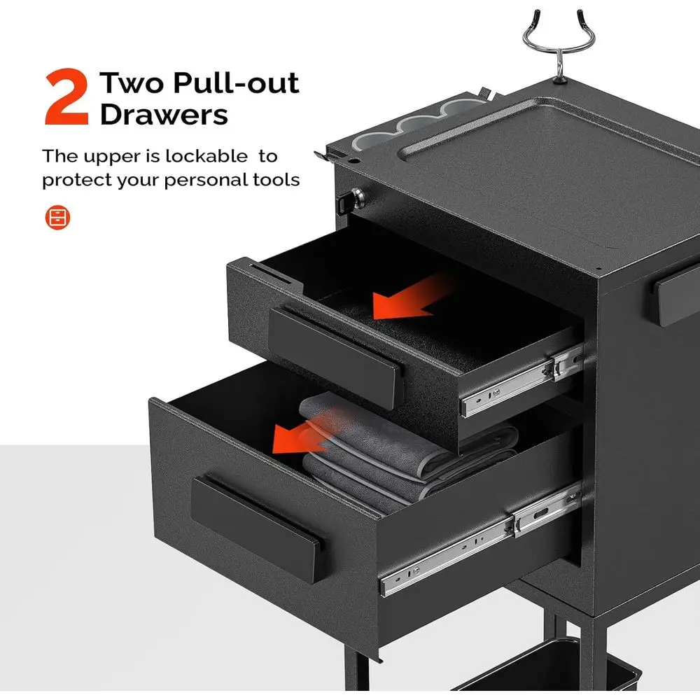 عربة صالون مصفف الشعر الأسود مع أدراج قابلة للقفل وعربة وشم تتميز بوعاءين مغناطيسيين وسلال تخزين للتجميل #5