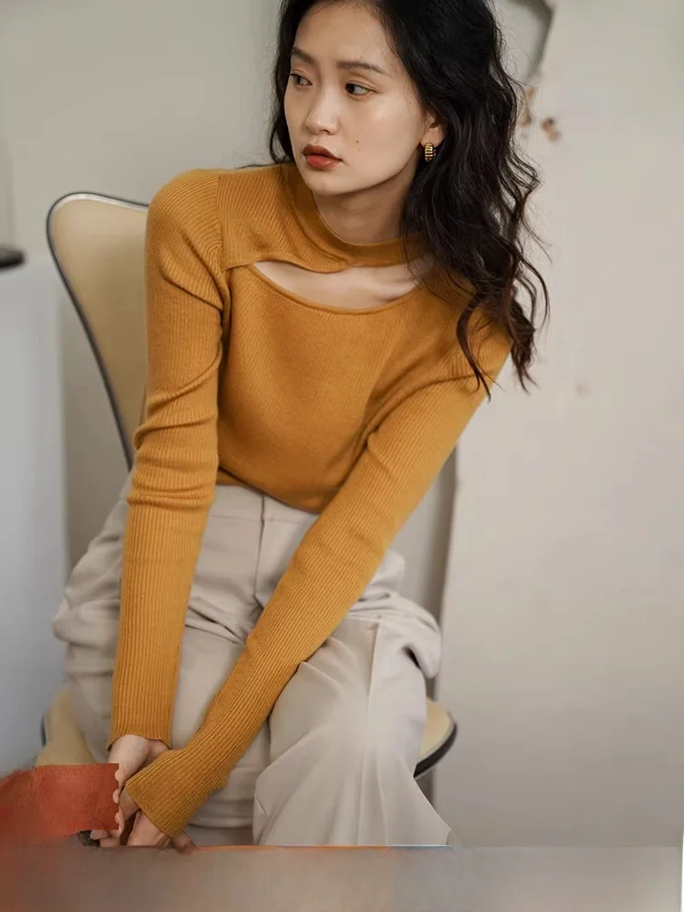 

cio Women's Long Sve Knitted Hollow out Inner irt Sexy mat Design Silk Fabric Straight Cut Commute Sle