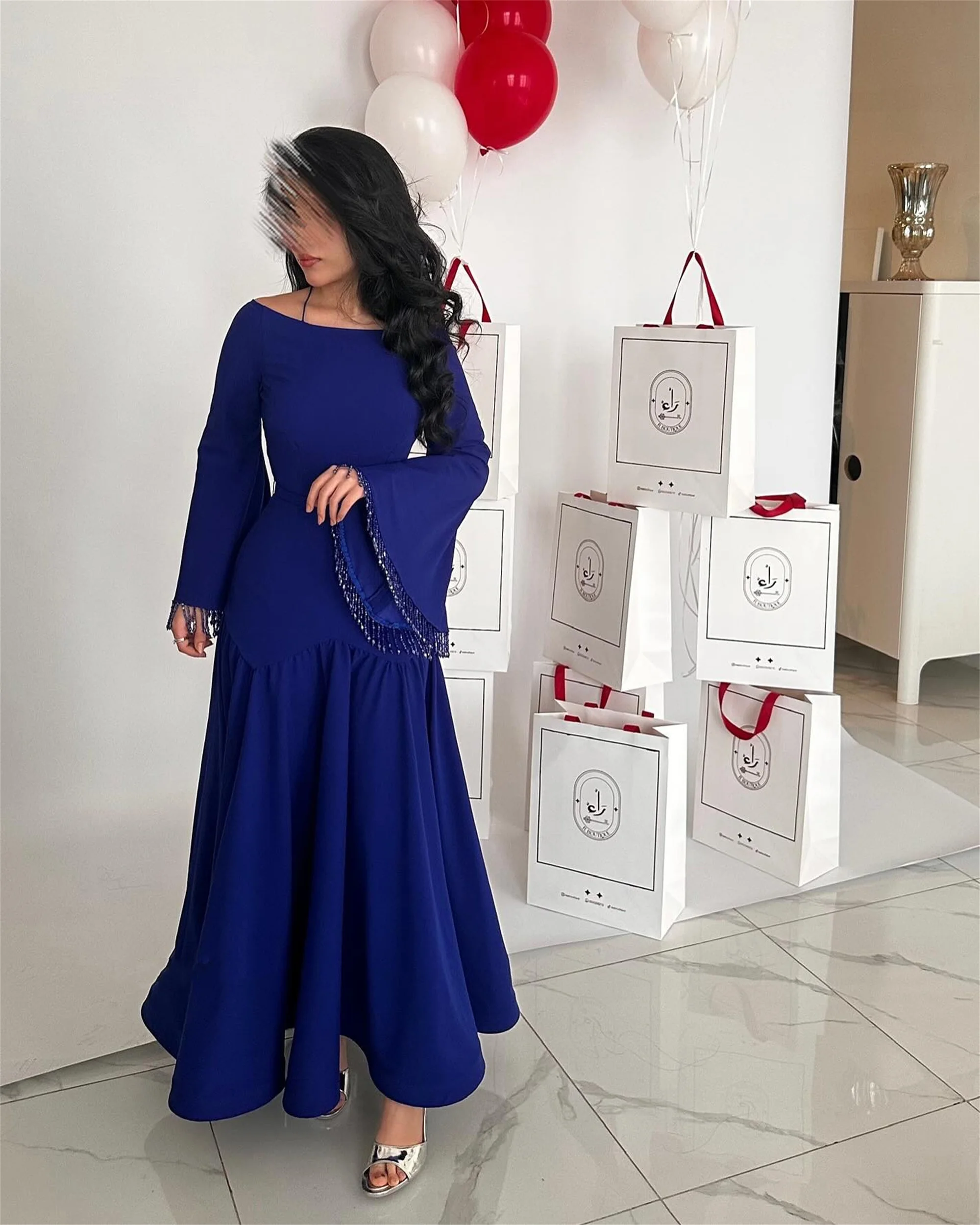 Wedding Ceremony Dresses Royal Blue Evening Dresses Scoop Collar Flare Sleeve Formal Occasion Gown Customized Long Beading Tasse