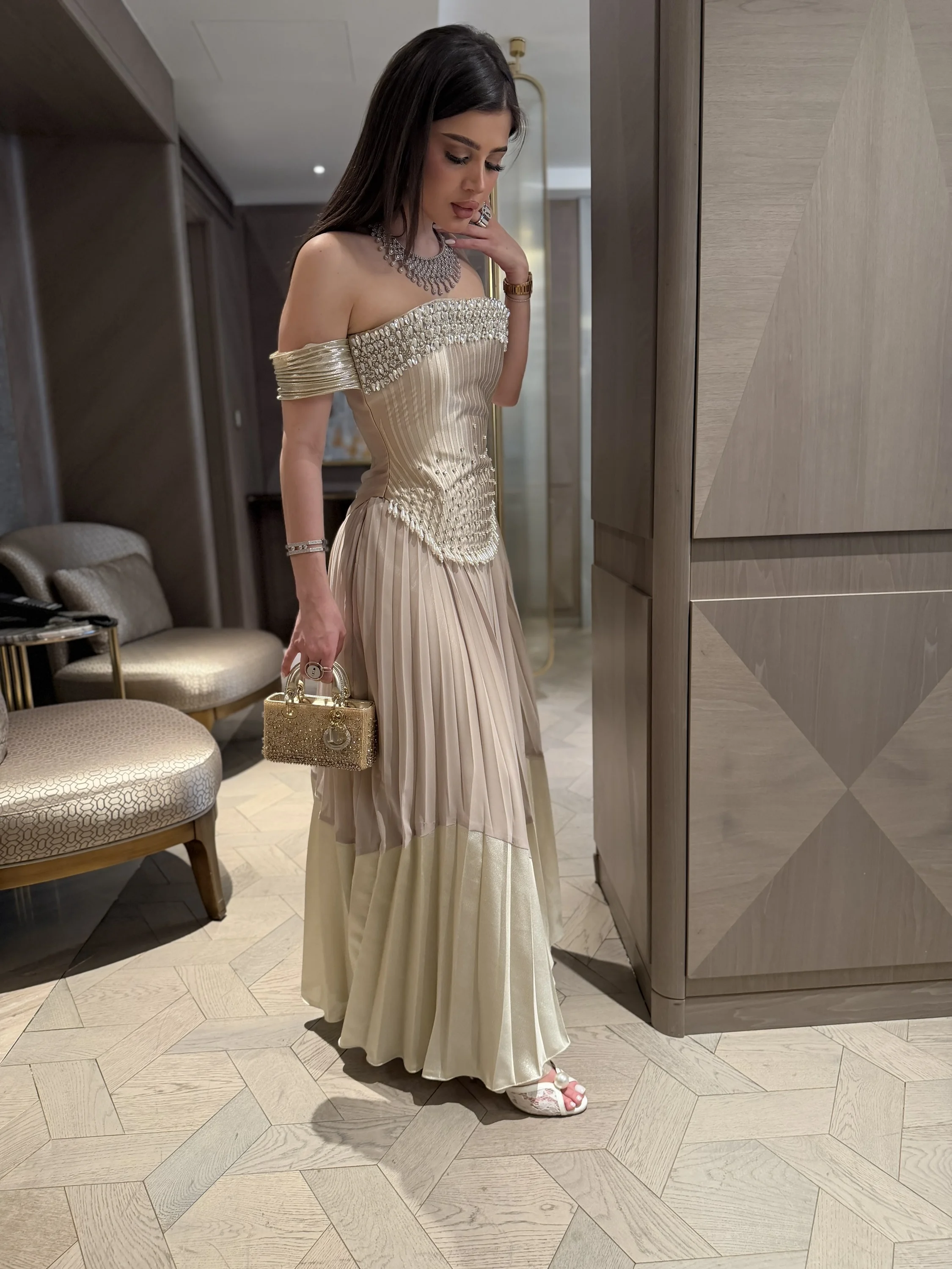 Women Champagne Off The Shoulder Evening Dresses Sequin Embroidery Luxurious Bodice Elegant Party Dresses Wedding Guests