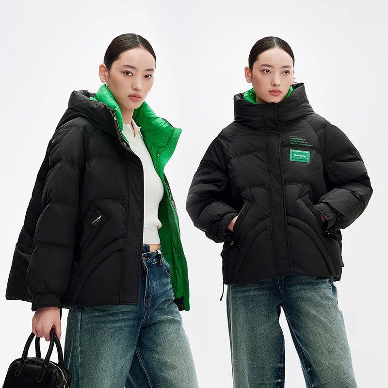 Chericom Damen Winter-Daunenjacke mit Kapuze, kurze Puffermäntel, Farbblock-Spleißstoff, verdickende Outdoor-Jacken, Y289090Y