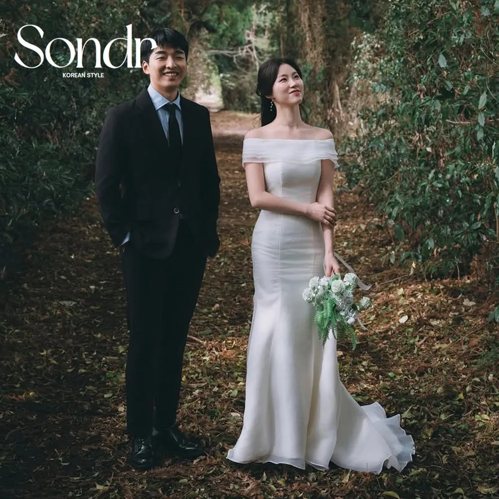 Sondr полурусалка шелковая органза корейские свадебные платья с вырезом лодочкой со шлейфом свадебное платье по индивидуальному заказу свадебная фотосессия