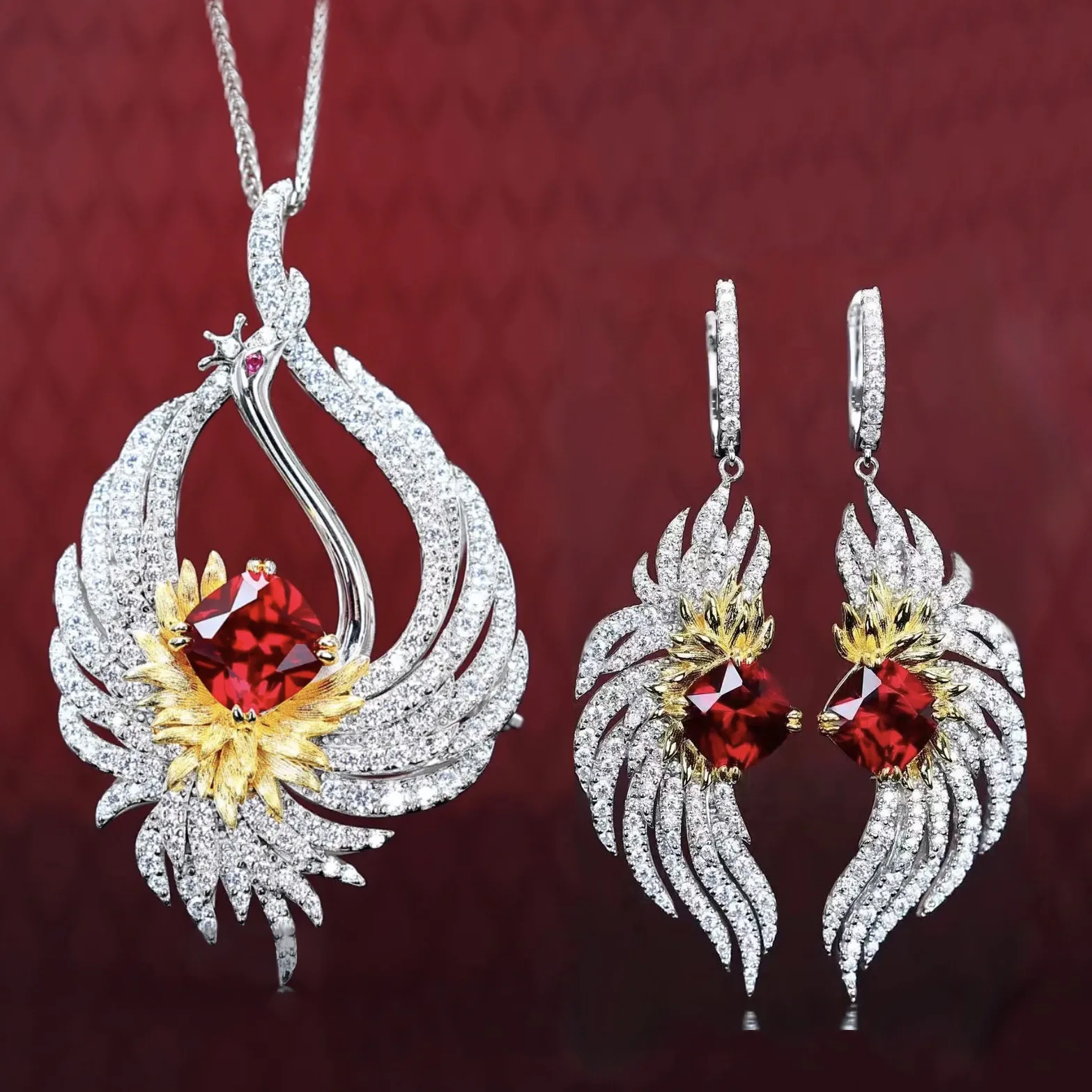 Luxury Two-Piece Artificial Ruby Phoenix Feather Pendant Necklaces Earrings For Women Wedding Engagement Gift Jewelry Sets