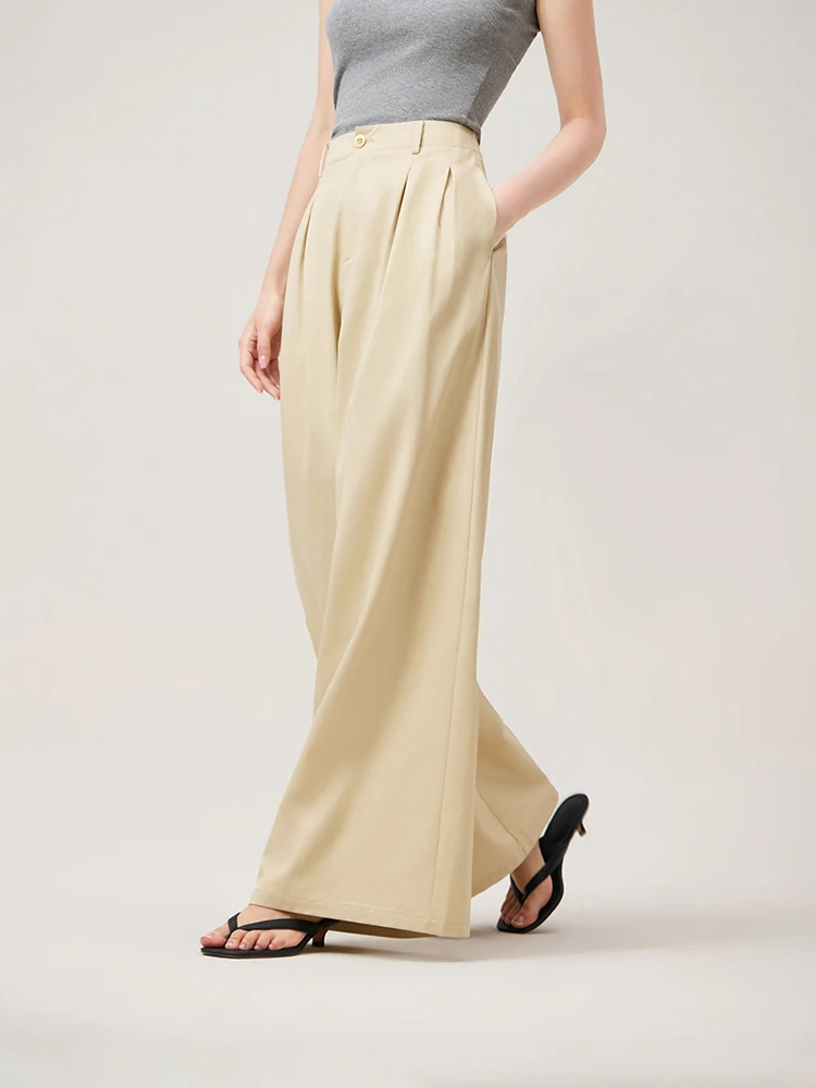 

FSLE Women Full Length Summer Pants Commuter Wide Leg White Long Trousers Pleated Design Female Khaki Loose Thin Pant 24FS12900