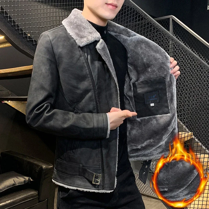 

Мужская мода с воротником-поло, облегающая короткая утепленная зимняя новая мужская замшевая меховая интегрированная куртка, мотоциклетная куртка большого размера
