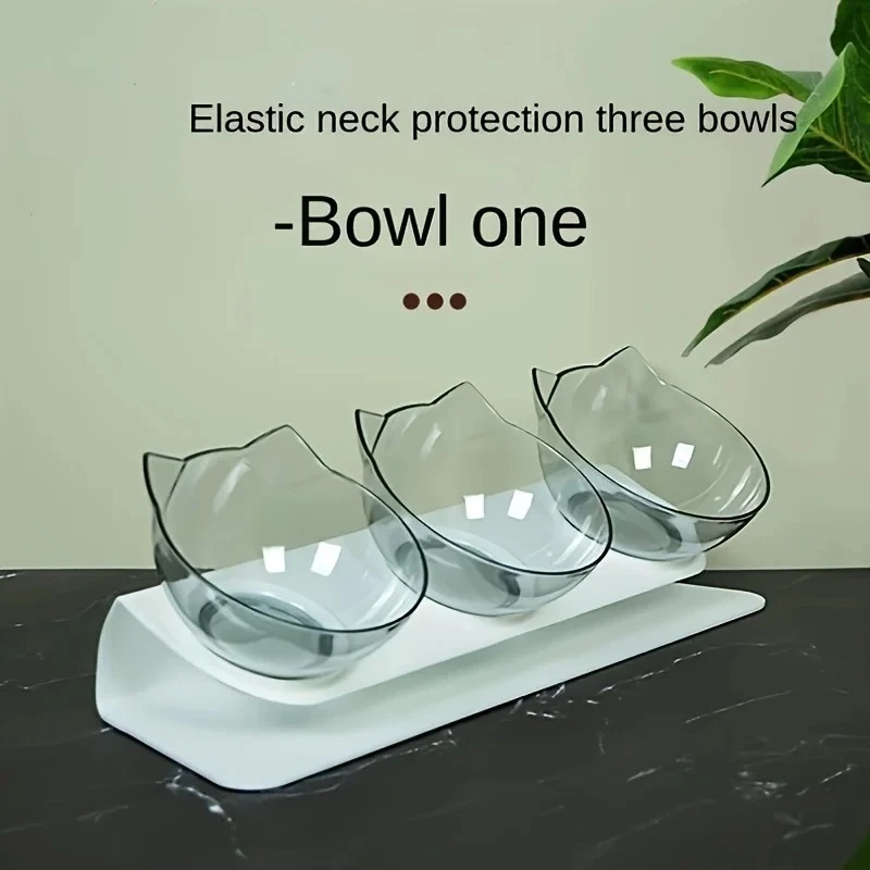 

3-in-1 Elevated Cat Feeder Bowls with Neck Protection 15° Tilted Design for Food & Water Clear Plastic Bowls with Stand