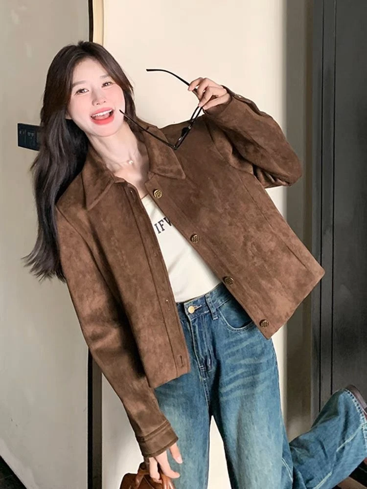 

Винтажная замшевая короткая куртка для женщин, весна-осень 202, повседневная стильная универсальная верхняя одежда с воротником