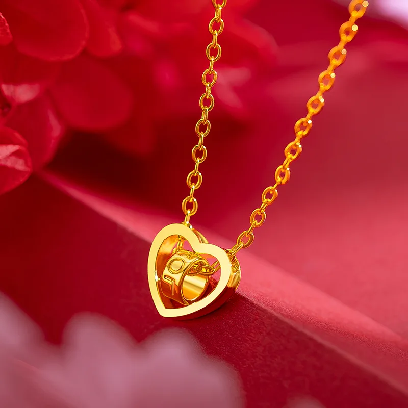 Pure 18K Gold Necklace 999 Gold Heart Pendants Rotating Ring Fine Jewelry Wedding Box Brand Trendy Gift for Women