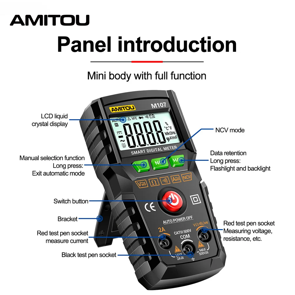 AMITOU-M107 미니 디지털 전문 멀티 미터, 비접촉 전압 검출기, 전류 테스터, 전압계, 멀티 테스터