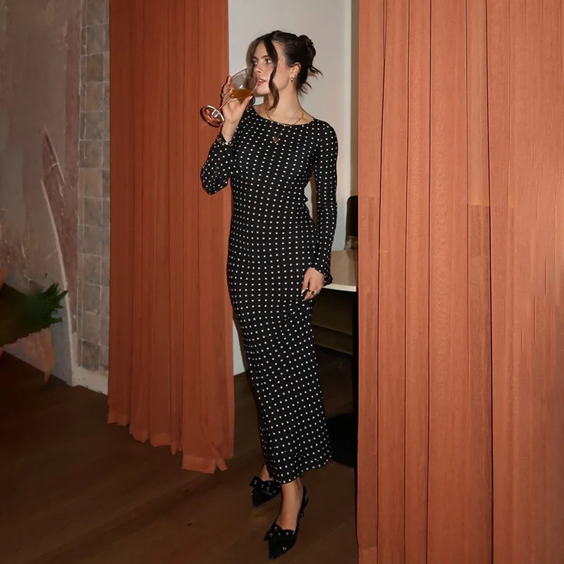 JY25447P البولكا نقطة 2025 الخريف جديد عصري أنيق سليم فستان طويل للنساء