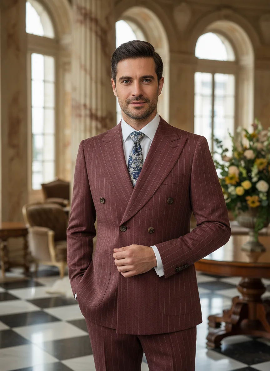 

ST cassy red 2 Piece set Men Suits Fashion Stripe Double Breasted Wedding Groom costume leisure office Business Suit