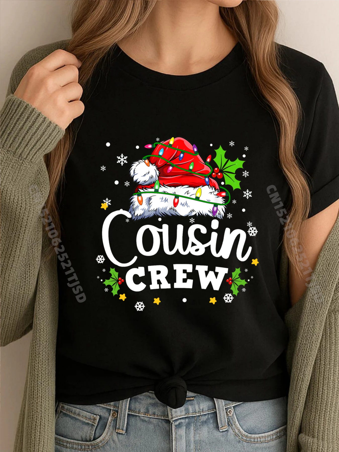 

Cousin Crew, рождественская шляпа Санта-Клауса, огни, пижамы, рождественские футболки с рисунком, брендовая одежда, футболка для женщин, большая и высокая