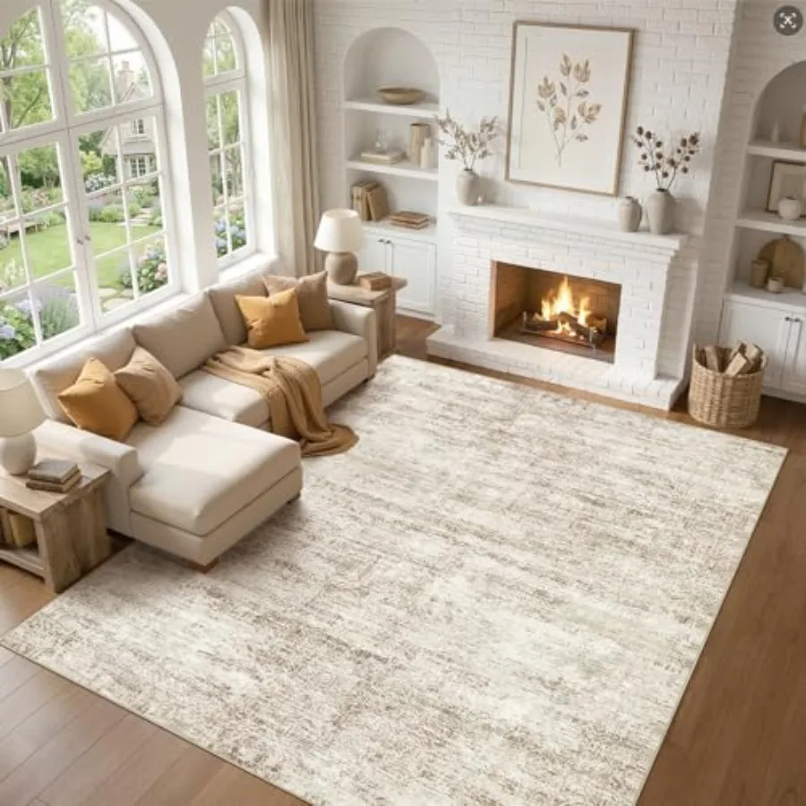 

8x10 Area Rugs for Living Room: Washable Non-Slip Soft Abstract Beige Low-Pile Stain-Resistant Indoor Carpet for Bedroom, Dinin
