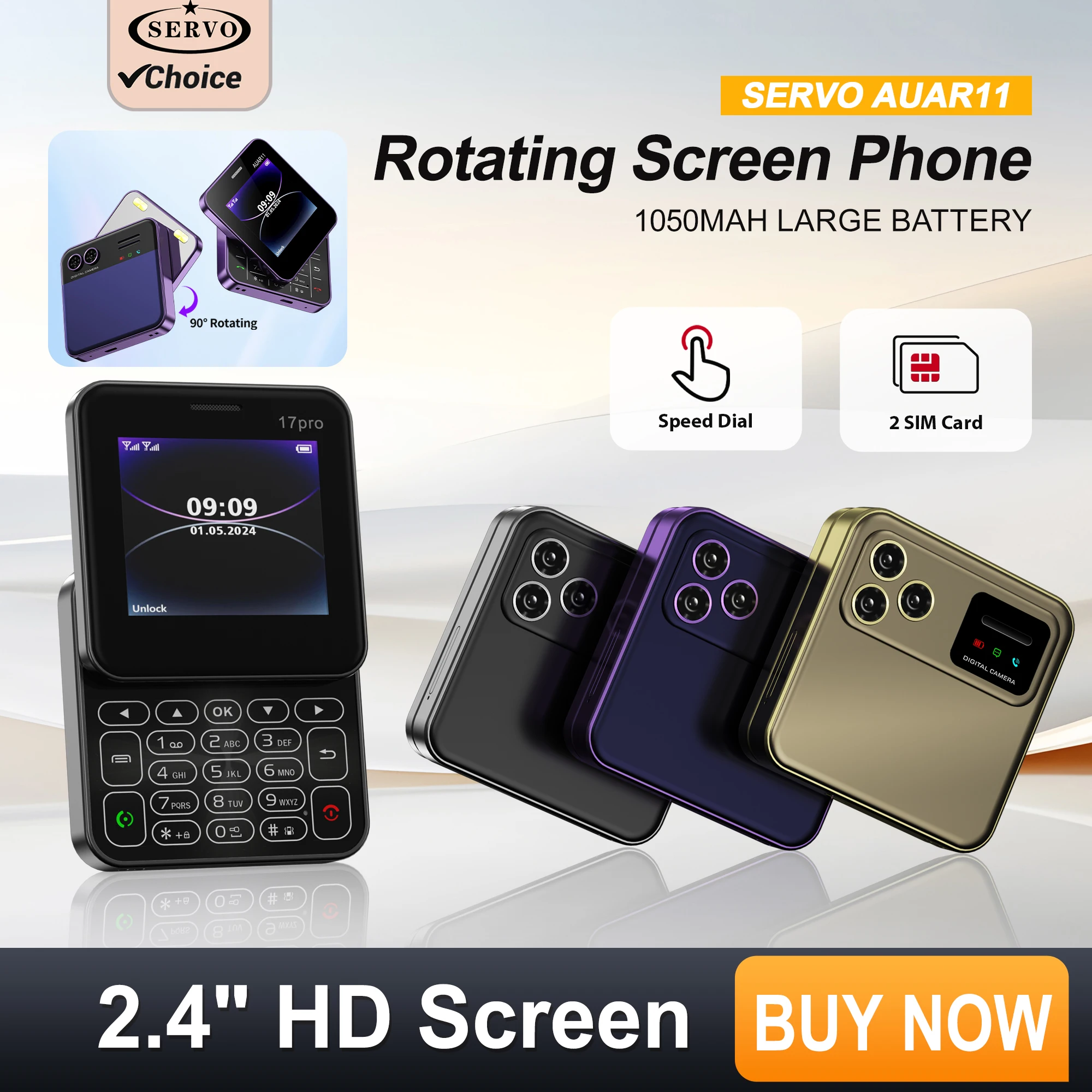 SERVO AUAR11 Rotating Screen Mini Mobile Phones 2G GSM 2.4