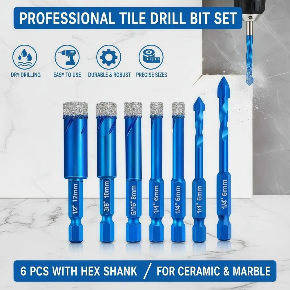 6 Pcs Set Dry Tile Drilling Bit Dia 6/8/10/12MM 1/4 Inch Hexagonal Shank Hole Opener Durable Sturdy Granite Drilling Bit