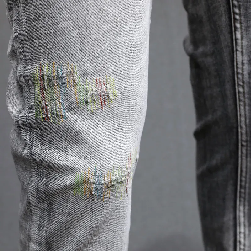 Fashion Vintage Men Jeans High Quality Retro Gray Stretch Slim Fit Ripped Jeans Men Embroidery Designer Casual Denim Pants