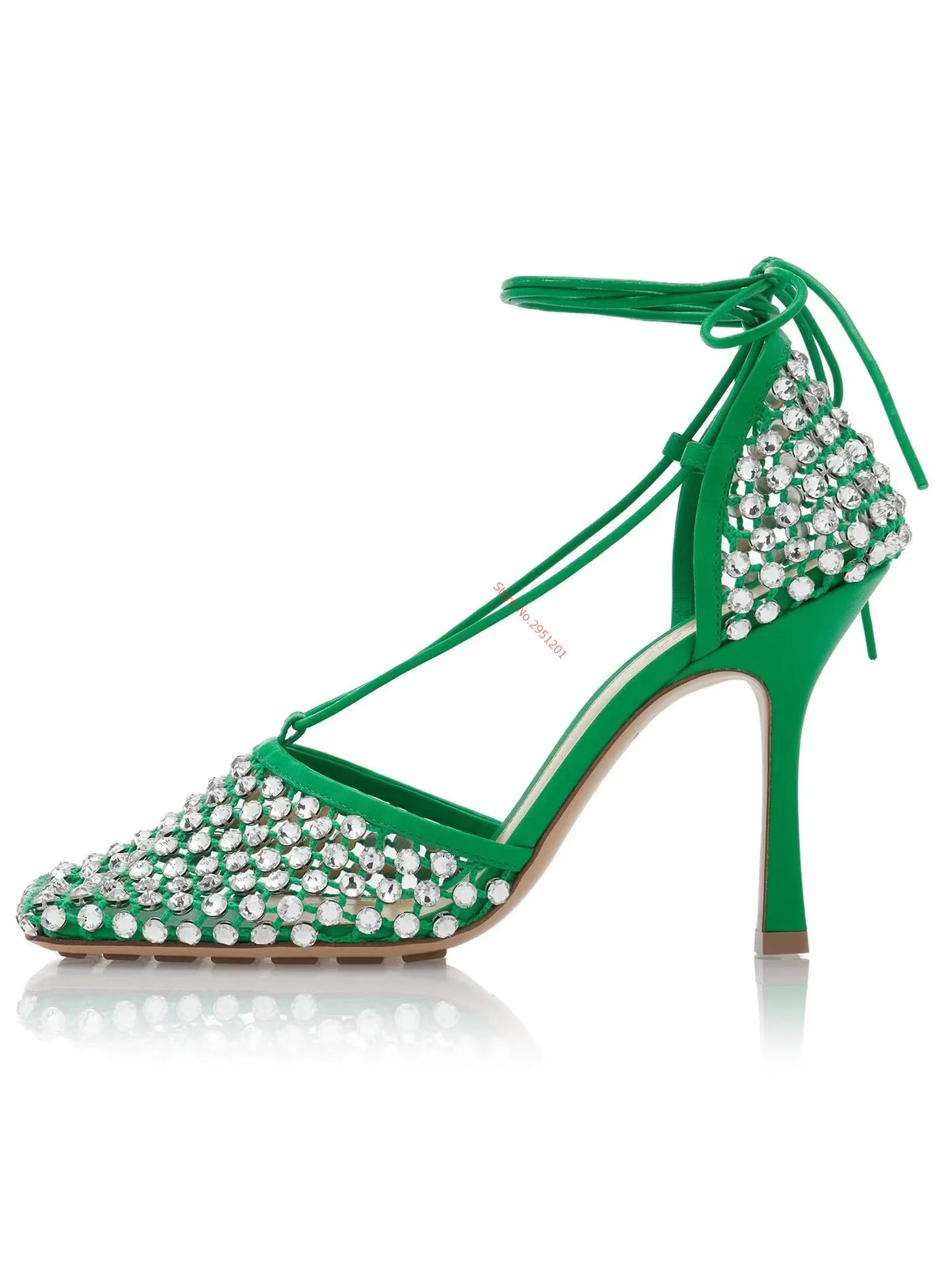 Sandals Hollow Mesh Heels women's Shoes Summer 2023 Trend Black Lace-Up Crystal Sandal Green Stilettos Rhinestone Sandals