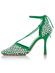 Sandals Hollow Mesh Heels women's Shoes Summer 2023 Trend Black Lace-Up Crystal Sandal Green Stilettos Rhinestone Sandals