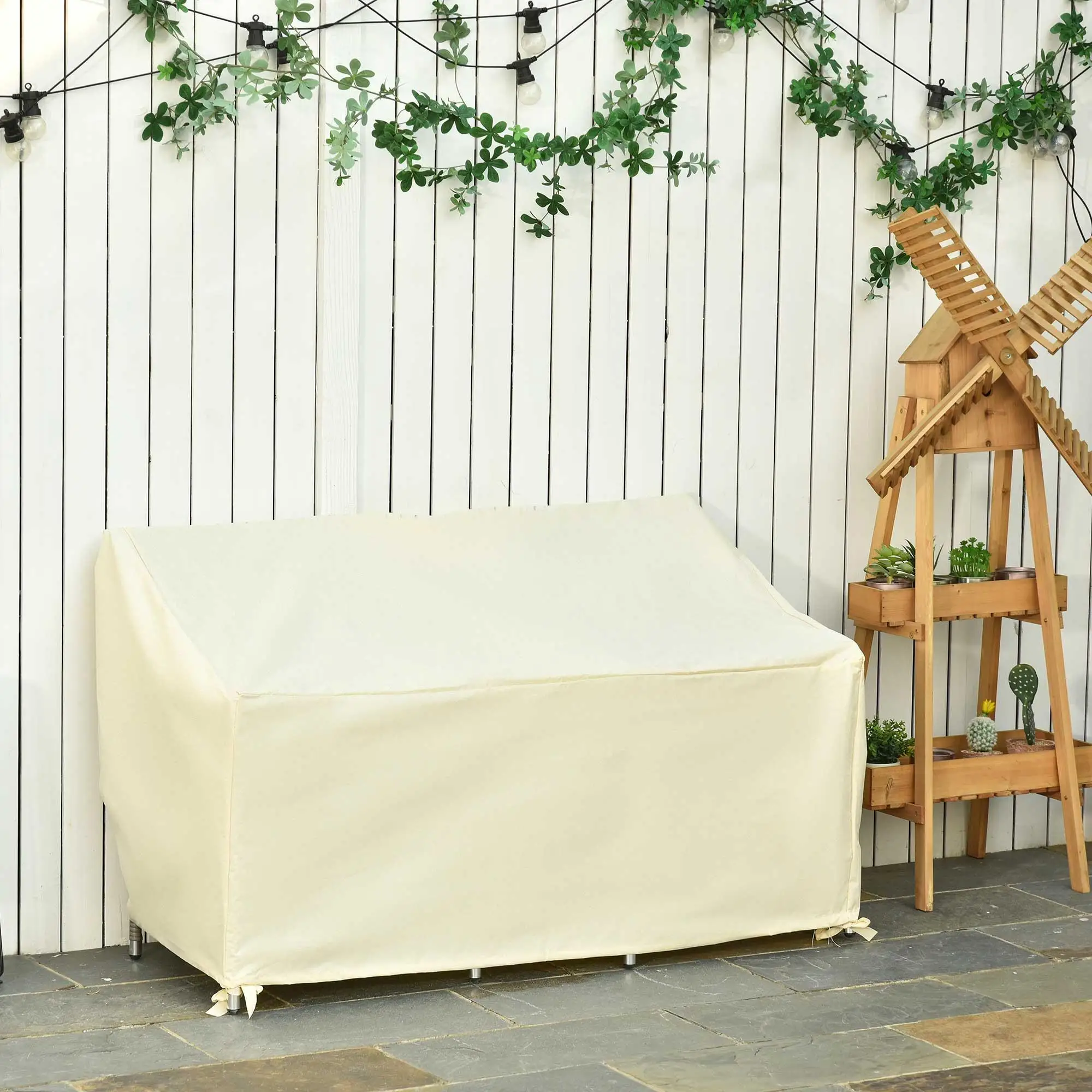 Funda para sofá de jardín de 2 plazas Oxford 600D impermeable, 140x84x56/94cm beige con extremos de cordón