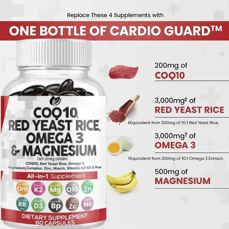 Heart Health Support Capsules COQ10 Red Yeast Rice Omega 3 Magnesium Niacin Zinc Vitamin K2 D3 Male Female Support