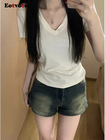 EOTVOTEE Retro Blue Spicy Girl Denim Shorts Y2 Fashion 2025 New High Waist Slim Wide Leg Loose Button Zipper Pocket Shorts