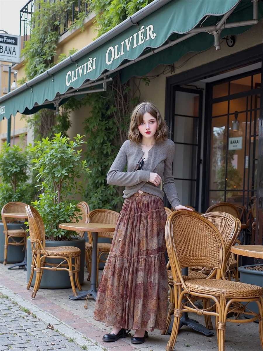 

Vintage Prints Long Skirts Womens Mesh Ruffles Patchwork Elastic Waist Bohemian Pleated Flare Korean Casual Vacation Chic Design