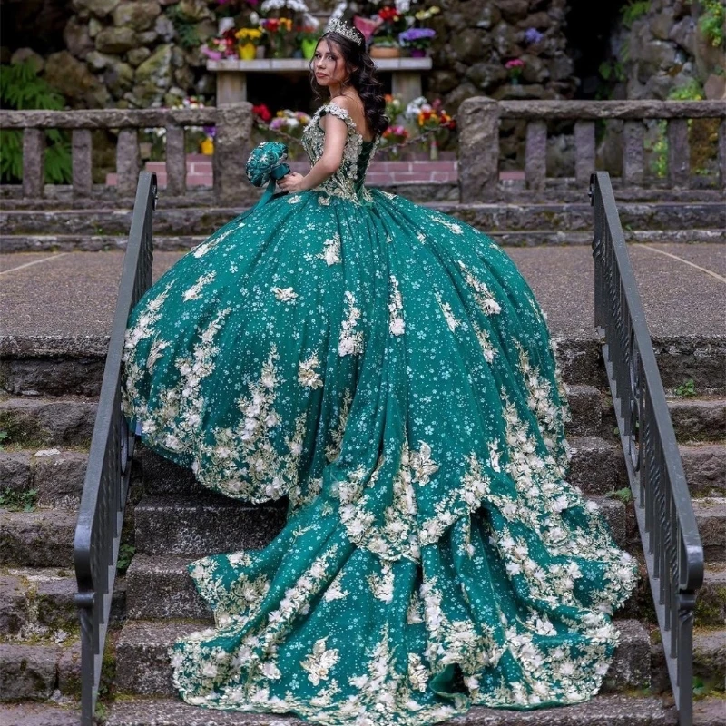 

Emerald Green Glittering Quinceanera Dresses Beads Appliques Flower Tull Off Shoulder Vestidos De 15 Anos Birthday Party Princes