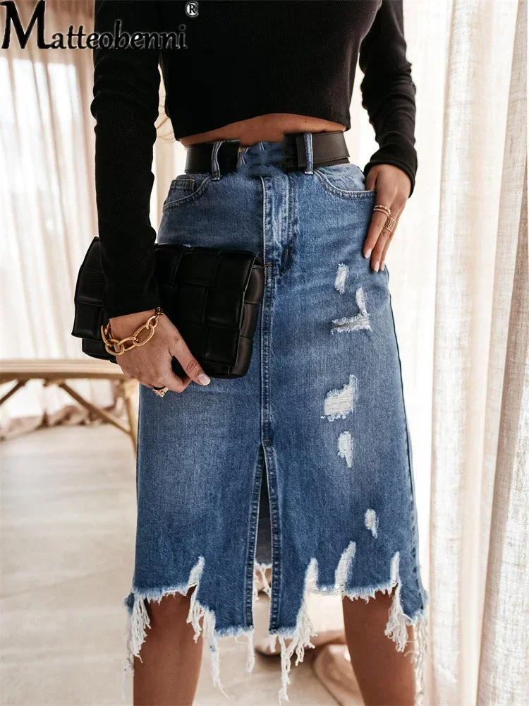 2024 Summer Sexy Asymmetric Denim Skirt Women High Waist Slit Ripped Beggar Midi Skirts Casual Slim Worn Tassel Blue Jeans Skirt
