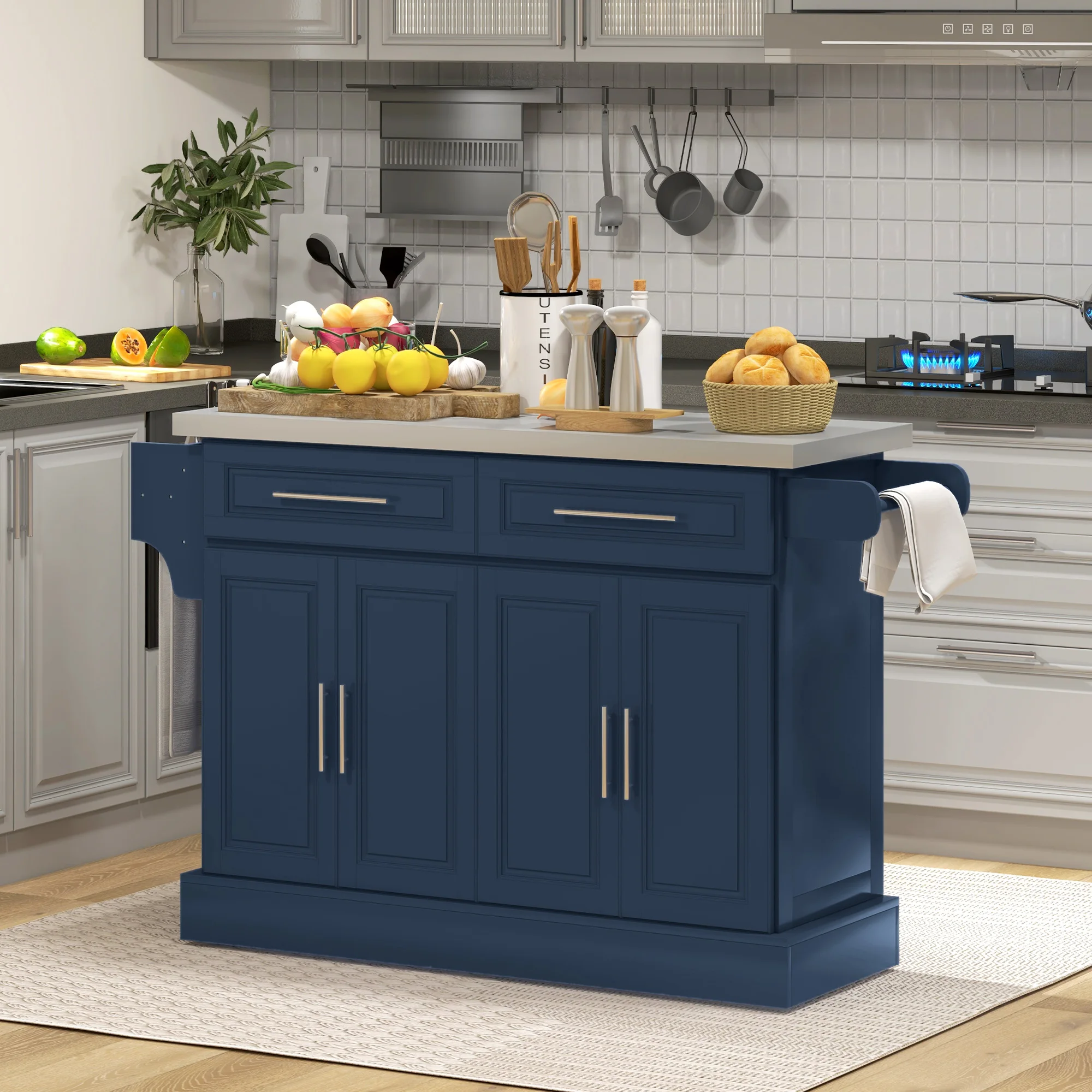 Rolling Kitchen Island with Cabinets and Drawers, Navy Blue