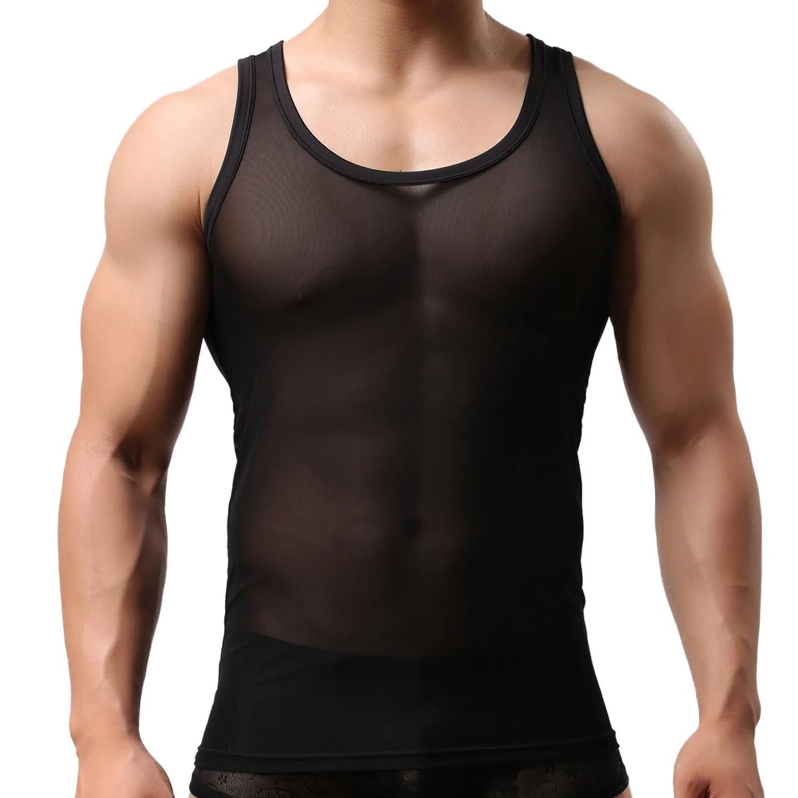 Chaleco transparente de malla para hombre, camiseta sin mangas ultrafina y transpirable, ropa interior Sexy