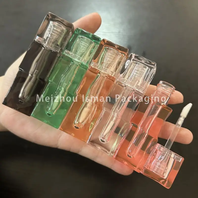 

50pcs Empty Clear Square Wand Diamond Shape Green Pink Orange Black Lip Gloss Containers Crystal Plastic 3ml Lipgloss Tube