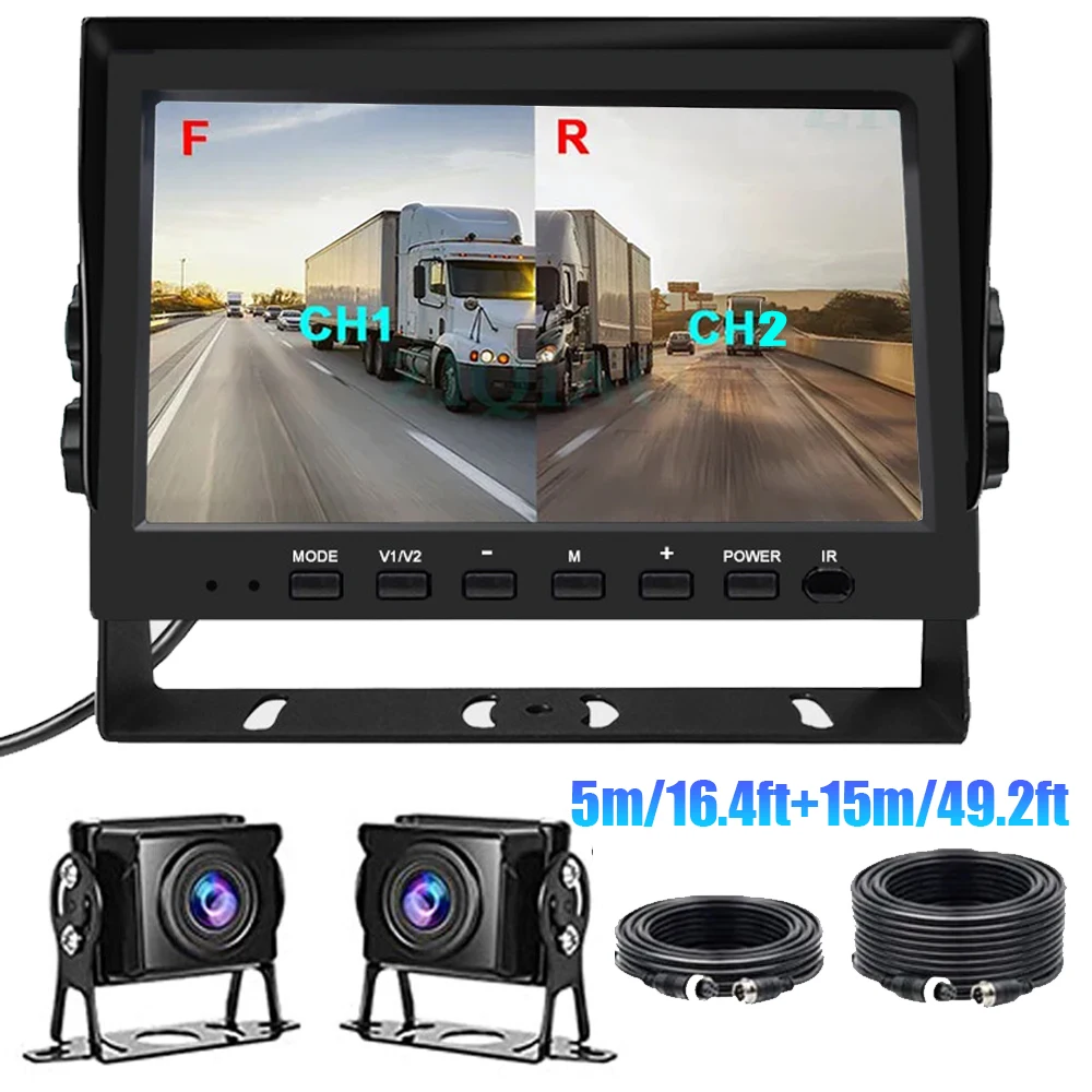 

7''Dual Split Monitor+2x AHD 1080P Backup Camera DVR System For Trailer Truck RV 1x 5m +1x 15m 4PIN extension cables