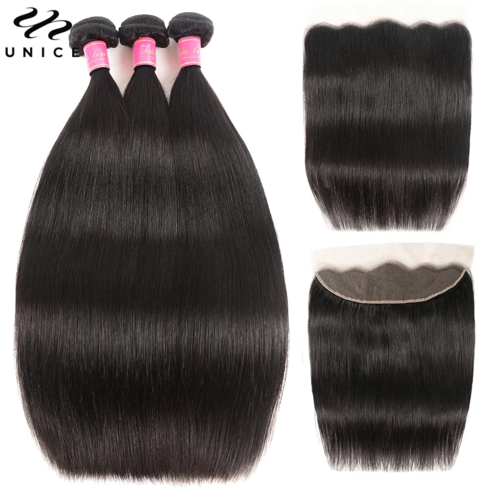 Unice-Straight Pacotes de cabelo humano, 13x4 Lace Frontal, Parte livre, 100% cabelo humano, negócio, 3pcs