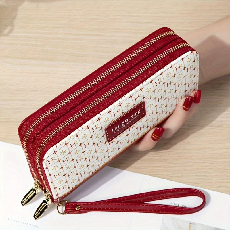 Letter Print Long Wallet For Women, Double Zipper Closure Clutch Bag, PU Leather Phone Purse With Wrist Strap Lather repair