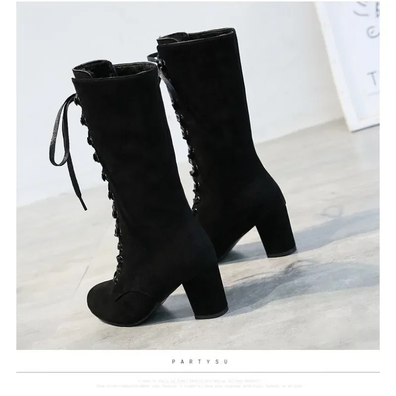 

2023 New Black Boots Women Shoes Knee High Women Casual Vintage Retro Mid-Calf Boots Lace Up Thick Heels Shoes Women Boots