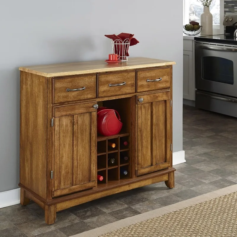 Buffets Cottage Oak with Natural Wood Top Three Drawers and Two Wood Framed Cabinet Doors with An Adjustable Shelf for Storage