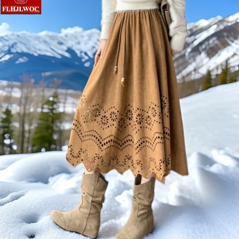 Suede Skirts Autumn Winter Woman Cute Girls All-Match Chic Korea Hollow Out Bow Tie High Elastic Waist A Line Crochet Skirt