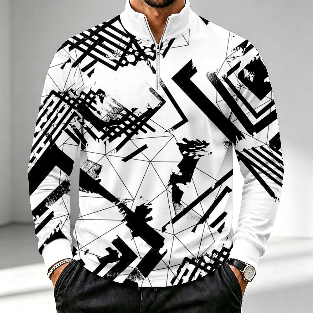 Men 1/4 Zip Sweatshirt Black Geometric Graffiti Print Casual Long Sleeve Tops