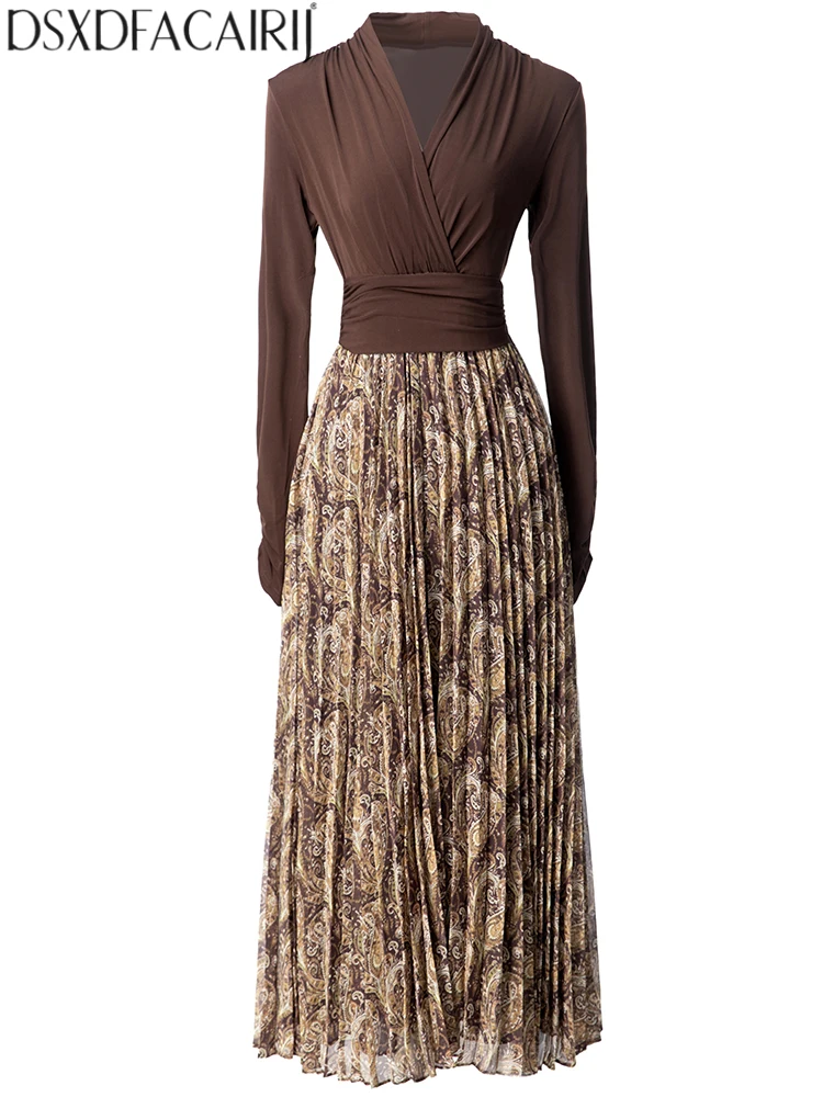 DSXDFACAIRIJ Vintage Print Plissee Kleid frauen V-ausschnitt Langarm Mode Herbst Weibliche Gefaltete Detail