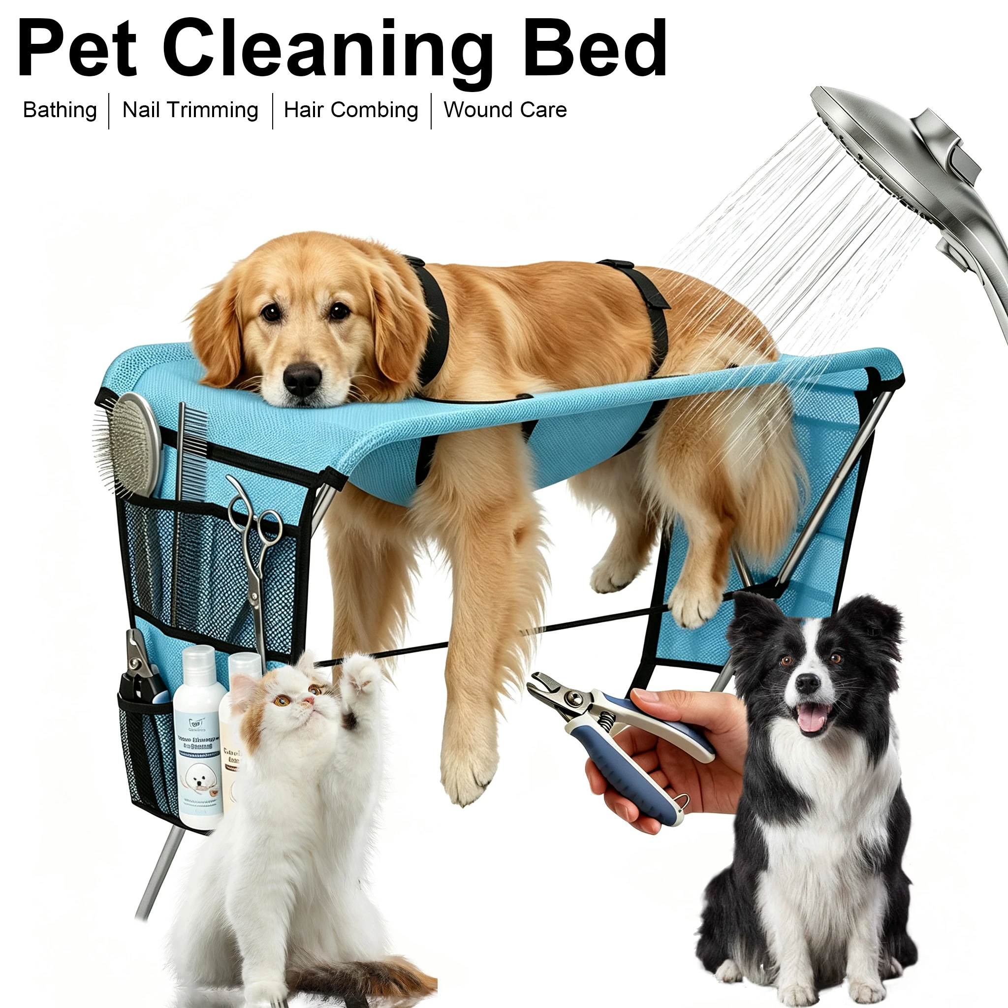 Folding Pet Grooming Bath Table Portable Cat Dog Grooming Hammock with Storage Pockets for Bathing Nail Trimming Hair Care
