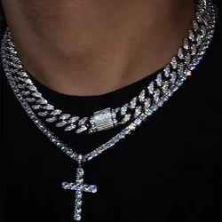 Hip Hop Diamond Cuban Link Chain Cross Necklace Men Women 2Pcs Bling Miami Cuban Chain Necklace Set Iced Out Chain Jewelry