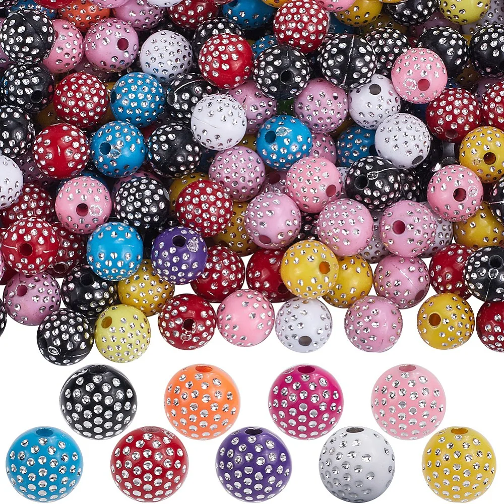 

200Pcs 3 sets Opaque Acrylic Beads with Clear Rhinestone Round Mixed Color 10x9.5mm Hole: 2mm 100pcs/set