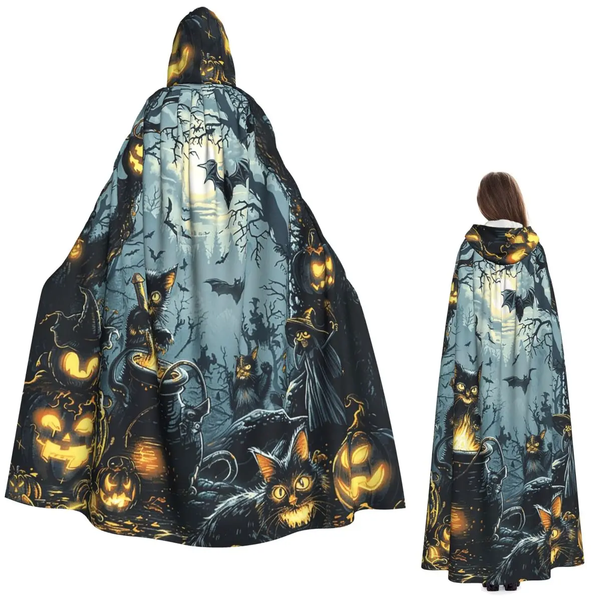 Vintage Jesienny Halloween Alchemik Eliksyry Czarne Koty Okultystyczny Długi Płaszcz z Kapturem Wiedźma Średniowieczny Kostium Cosplay Peleryna Halloween Wampir