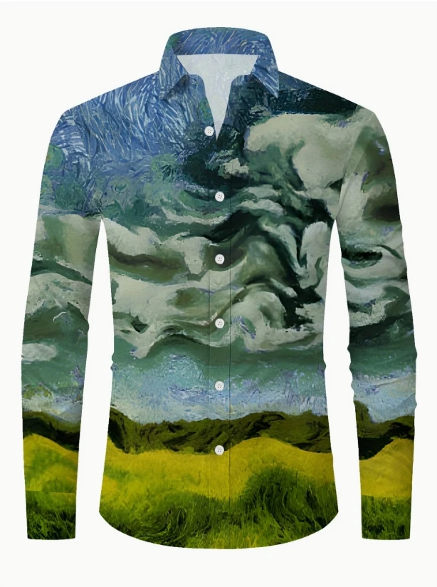 2025 Men'S Mature Floral Print Button-Up Shirt - All-Season, Regular Fit, Long Sleeve, Lightweight Fabric,